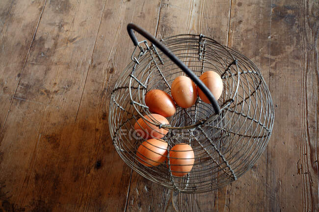 França, 6 ovos em uma velha cesta de metal — Fotografia de Stock
