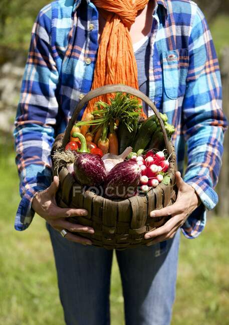 Donna con un cesto di verdure dall'orto — Foto stock
