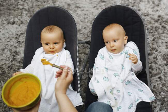 Una madre alimentando a sus gemelos bebé de 8 meses - foto de stock