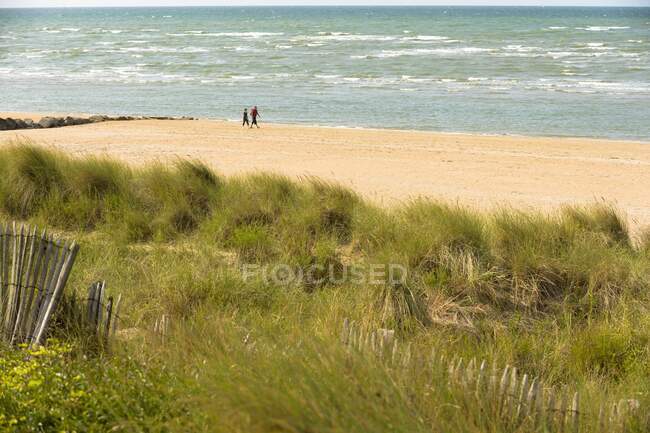 Франція (Нормандія). Пара насолоджується прогулянкою уздовж моря на пляжі Кабур. — стокове фото