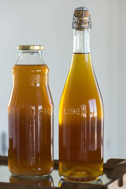 Francia, Normandía, dos botellas de zumo de manzana y sidra de Normandía - foto de stock