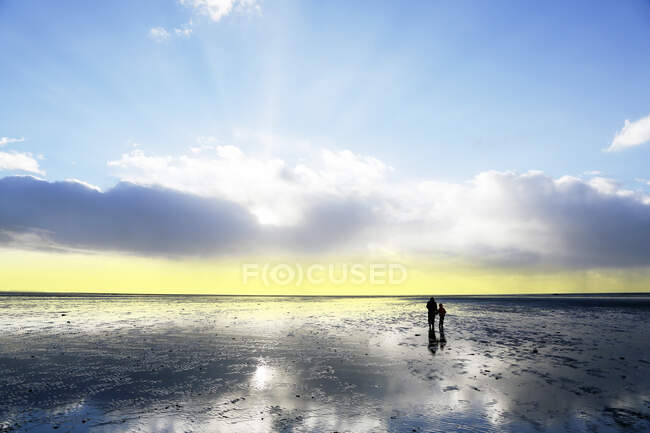 Normandía. Manche. Hauteville sur Mer. La playa con marea baja. Período de las mareas de primavera. Una mujer y su hija van a la arena. - foto de stock