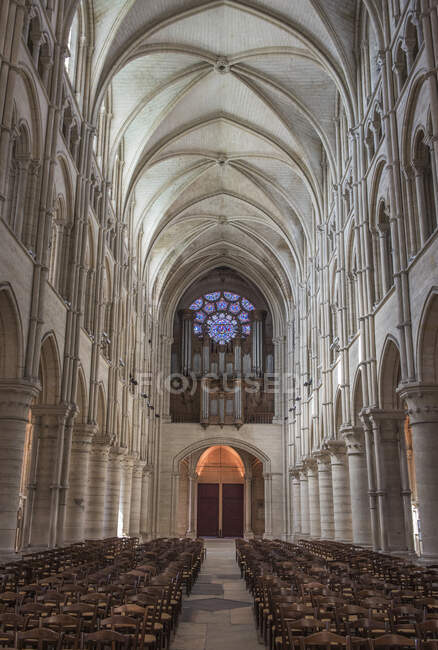 Francia, Aisne, Laon, Via di San Giacomo, navata della cattedrale di Notre-Dame — Foto stock