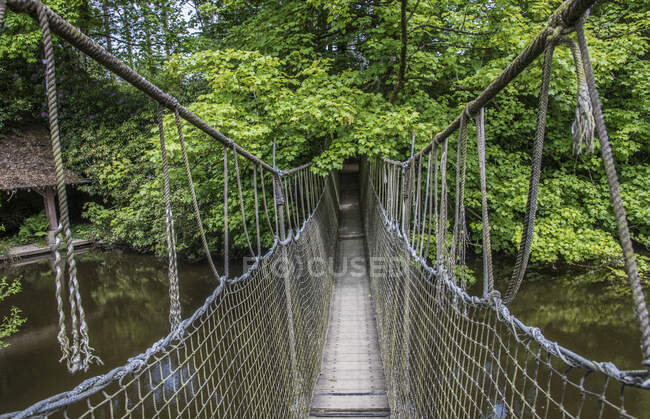Francia, Ille-et-Vilaine, Jardín Botánico de Alta Bretaña, Puente de cuerda - foto de stock