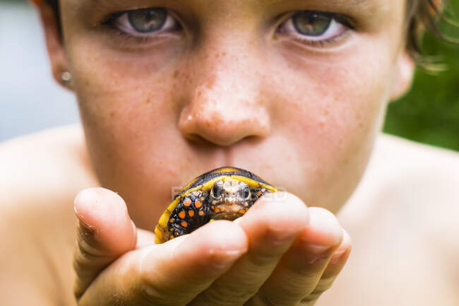 Un niño de 8 años sostiene una tortuga joven en su mano, Chatham Bay, Union, St-Vincent, San Vicente y las Granadinas, Antillas Menores, Indias Occidentales, Islas Barlovento, Caribe, Centroamérica - foto de stock