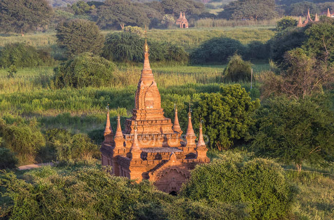 Myanmar, zona de Mandalay, sitio arqueológico de Bagan, vista desde el templo Shwe San Daw al atardecer - foto de stock