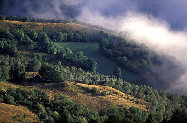 Francia, Hautes-Pyrenees, vallee d 'Aure, Saint Lary-Soulan, niebla en un paisaje rural - foto de stock