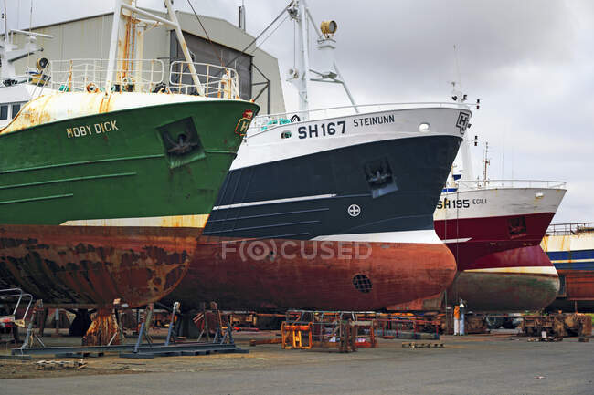 Ісландія, Судурнес, порт Рейк'янесбаєр. Рибальські судна в трюмі висихають.. — стокове фото