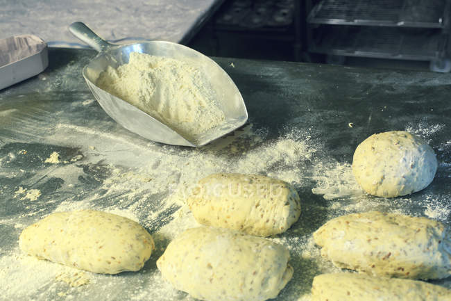 Dough at bakery, selective focus — Stock Photo