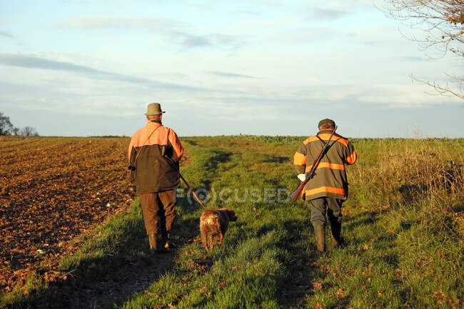 Dipartimento di Aisne. Stagione di caccia grossa (autunno). Cacciatori a piedi al sito di monitoraggio. — Foto stock