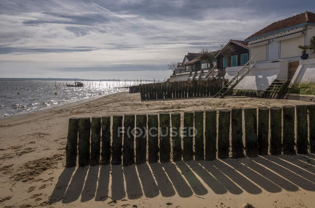 France, Gironde, Arcachon Bay, Cap-Ferret, L'Herbe oyster village, houses along the beach and groyn against coastal flood — Stock Photo