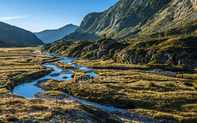 France, Pyrenees Ariegeoises Regional Nature Park, Bassies stream meander at sunrise. — Stock Photo