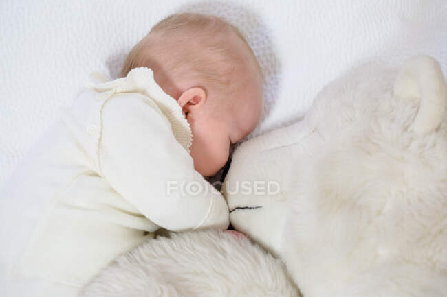 Young infant in white layette of 2 months sleeping on a whitebed nose to nose with his big teddy bear. — Stock Photo