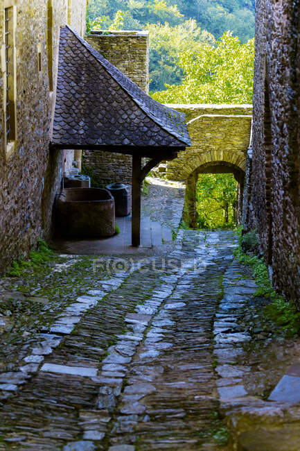 Europa, Francia, Mediodía-Pirineos, Aveyron, Conques, Sainte-Foy, Camino de Santiago, calle del pueblo, pista de piedra - foto de stock
