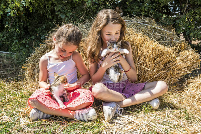 Auvergne-Rhone-Alpes - Alta Loira - Visita della famiglia alla fattoria. 2 bambine sedute contro un pagliaio che giocano con due gattini. — Foto stock