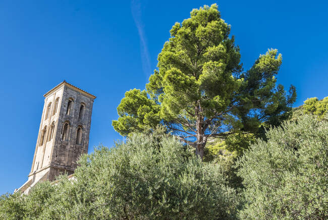 França, Provença, Vaucluse, Beaumes de Venise, torre sineira da capela romana Notre Dame d 'Aubune — Fotografia de Stock