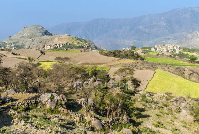 Oriente Medio, Yemen, Centro Oeste, Región de Jebel Harraz (Lista Tentativa del Patrimonio Mundial de la UNESCO), pueblos y terrazas - foto de stock