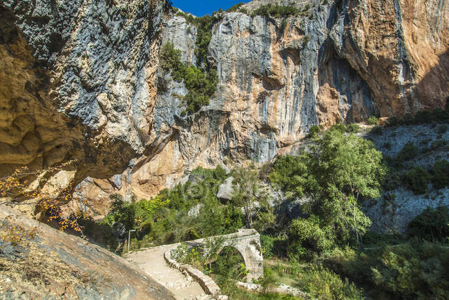 Espagne, communauté autonome d'Aragon, Sierra y Ca ? ones de Guara parc naturel, canyon du Vero, le pont Villacantal (patrimoine mondial de l'UNESCO pour l'art des sites rocheux) — Photo de stock