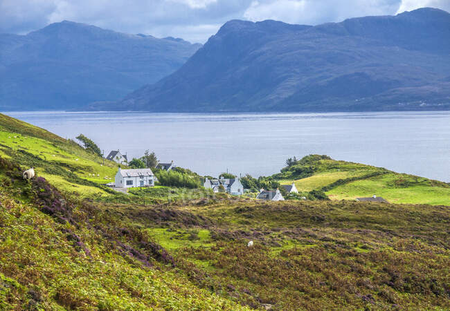 Europe, Great Britain, Scotland, Hebrides, south-east of the Isle of Skye, farms by the ocean at Point of Sleat — Stock Photo