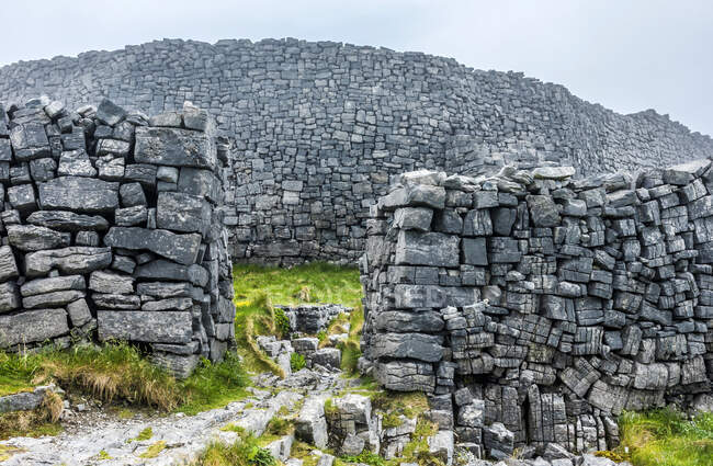 Europa, Repubblica d'Irlanda, Contea di Galway, Isole Aran, Isola di Inishmore, scogliere scavate in riva al mare vicino al sito preistorico di Dun Aengus Ringfort (1100 a.C. 800 a.C.) (Monumento nazionale) — Foto stock