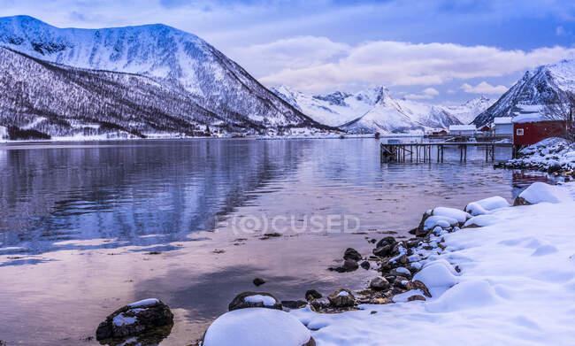 Norwegen, Gespanschaft Tromso, Insel Senja, Hafen am Fjord — Stockfoto