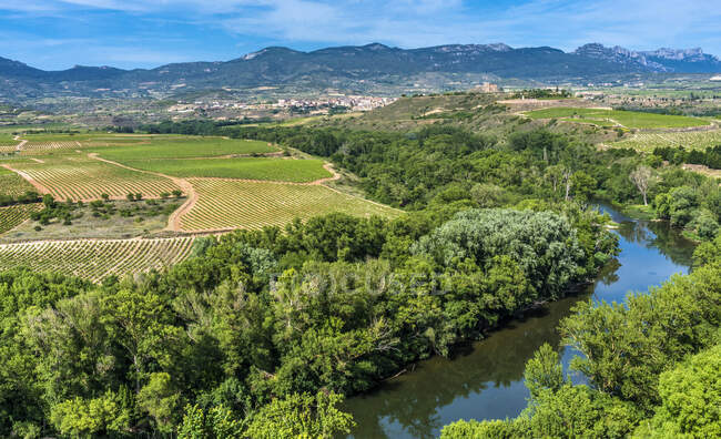 España, Rioja, Briones pueblo medieval (el pueblo más hermoso de España), meandro del Ebre visto desde el pueblo (Camino de Santiago) - foto de stock