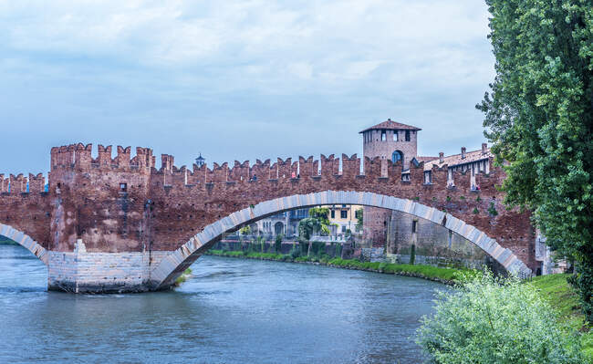 Italia, Véneto, Verona, Castelvecchio (siglo XV) y el puente Scaligero (siglo XIV) sobre el río Adigio - foto de stock