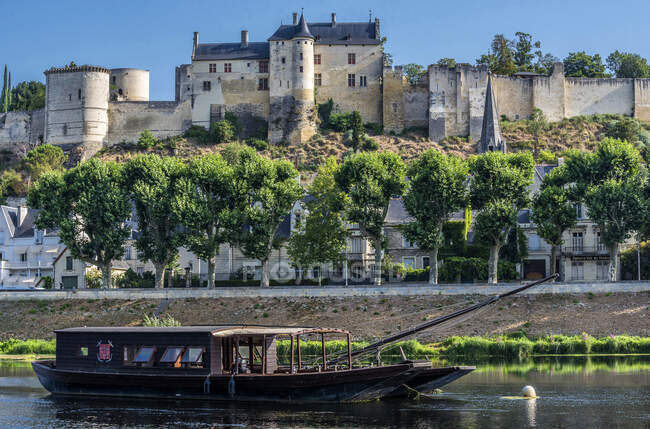 Francia, Centro-Val de Loire, Indre-et-Loire, Real Fortaleza de Chinon, Vienne y barco. - foto de stock