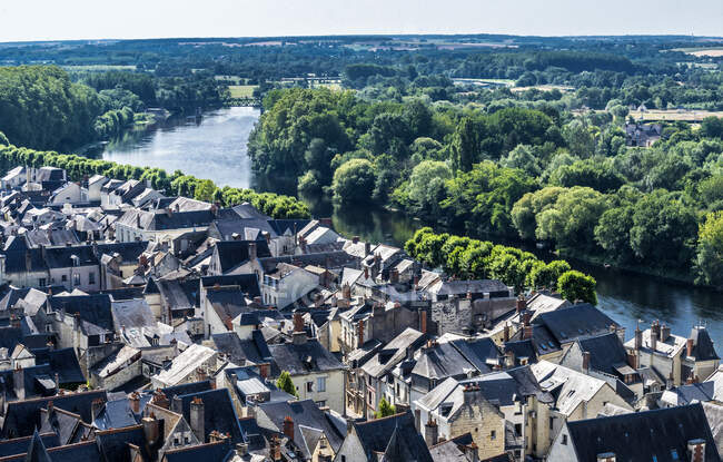 France, Center-Val de Loire, Indre-et-Loire, view of the Vienne and the tops from the Royal Fortress of Chinon — стокове фото