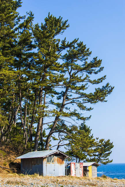 Рыбацкие хижины в Танеичи. Вдоль береговой тропы Митиноку, Тохоку, Хонсю, Япония. — стоковое фото
