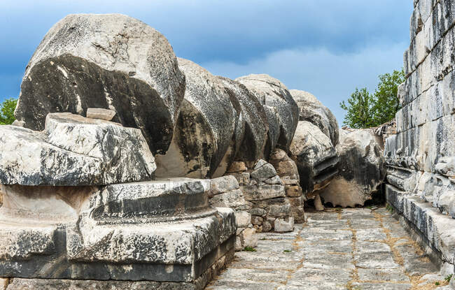 Туреччина, археологічна пам'ятка Дидіма, руїни незавершеного грецького храму, присвяченого Аполлону (7-е століття до н. е.), частина незавершених колон, зруйнованих землетрусом 1943 року. — стокове фото