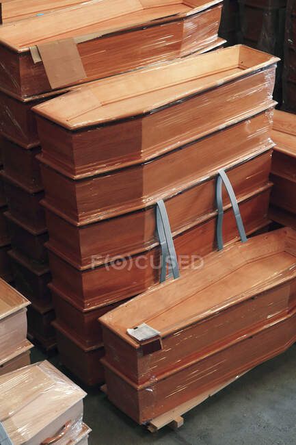 Wooden coffins in shop — Stock Photo