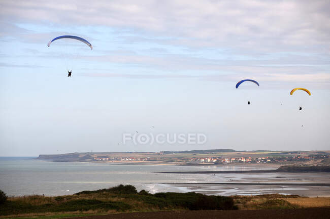 France, Pas-de-Calais, Opal Coast, paraglidings at Pointe aux Oies — стокове фото