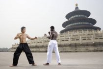 Двое мужчин практикующих боевое искусство перед Залом ежегодной молитвы, Храм Неба, Пекин, Китай, Азия — стоковое фото