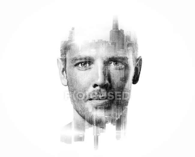 Bw multi exposure concept with handsome man. Isolated. Horizontal — Stock Photo