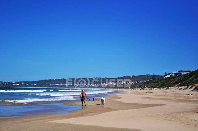 África do Sul quebrando ondas e um homem com seu cão caminhando na praia da Baía de Plettenberg, chamado Plet ou Plett, originalmente chamado Bahia Formosa (Baía Bonita), uma cidade ao longo da famosa Rota Jardim — Fotografia de Stock