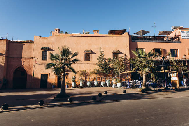 Calle vacía con casas tradicionales, ollas blancas, plantas verdes y hermosas palmeras en Marruecos, África - foto de stock