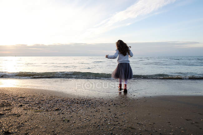 Vista trasera de la chica de pie en la playa y mirando al mar - foto de stock