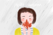 Beautiful illustration of girl holding red maple leaf and hello autumn inscription — Stock Photo