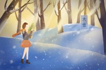 Beautiful illustration of young woman carrying green potted plant in winter forest — Stock Photo