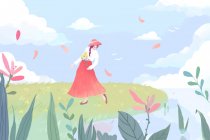 Beautiful illustration of young woman in red skirt and hat walking on green meadow — Stock Photo