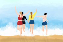 Beautiful illustration of young women running into sea at summertime — Stock Photo