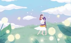 Schöne Illustration des jungen romantischen Paares, das sich auf der grünen Wiese umarmt — Stockfoto