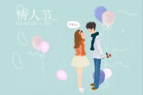 Hermoso día de San Valentín ilustración de pareja joven con globos sobre fondo azul - foto de stock
