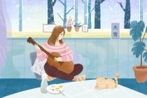 Красива ілюстрація молодої жінки, яка грає на гітарі і дивиться на чарівного кота в зимовий час — стокове фото