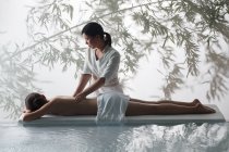 Жінка-масажистка робить масаж красивій молодій жінці в спа-центрі — стокове фото