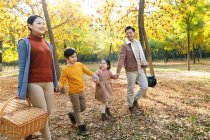 Famille heureuse avec panier pique-nique tenant la main et marchant dans la forêt d'automne — Photo de stock