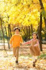 Adorables hermanos felices corriendo juntos en el bosque de otoño - foto de stock