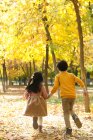 Back view of adorable kids holding hands and running together in autumn park — Stock Photo
