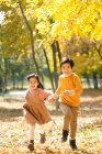 Adorável feliz asiático crianças sorrindo para câmera e correndo juntos no outono floresta — Fotografia de Stock